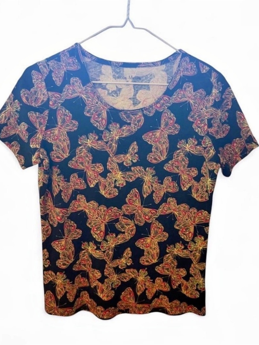 Rebecca Malone Butterfly Print Short Sleeve Tee in Blue Medium